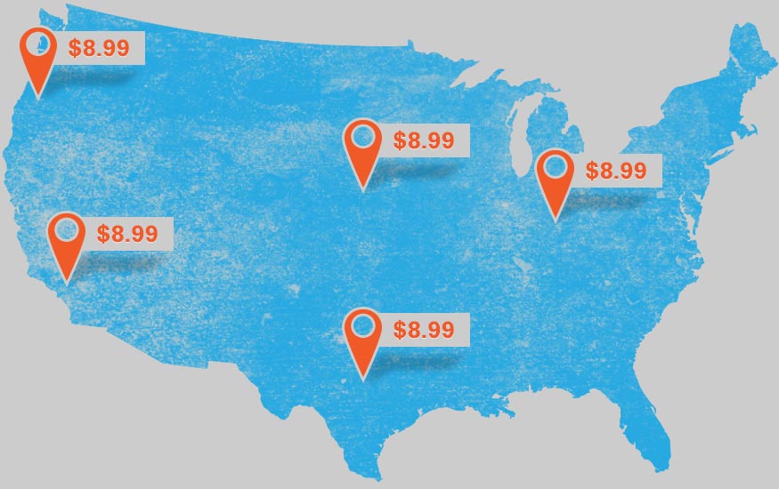 Map of USA with fixed shipping rates